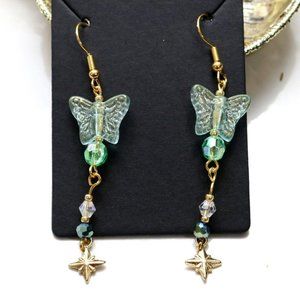 Green Glass Butterfly Beaded Earrings Handmade Faerie Pastel Jewelry